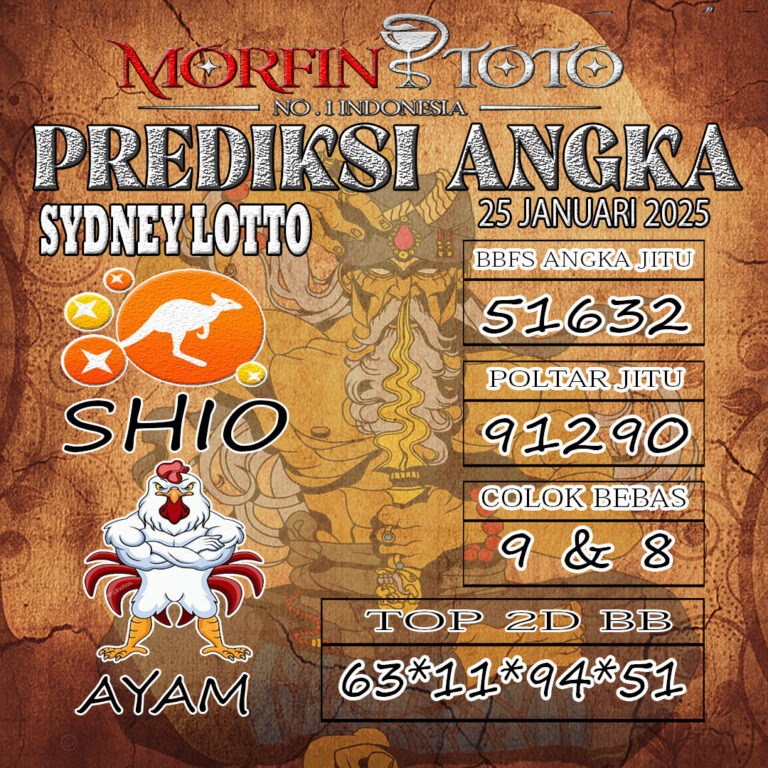 Prediksi Sydney Lotto hari ini Sabtu, 25 Januari 2025