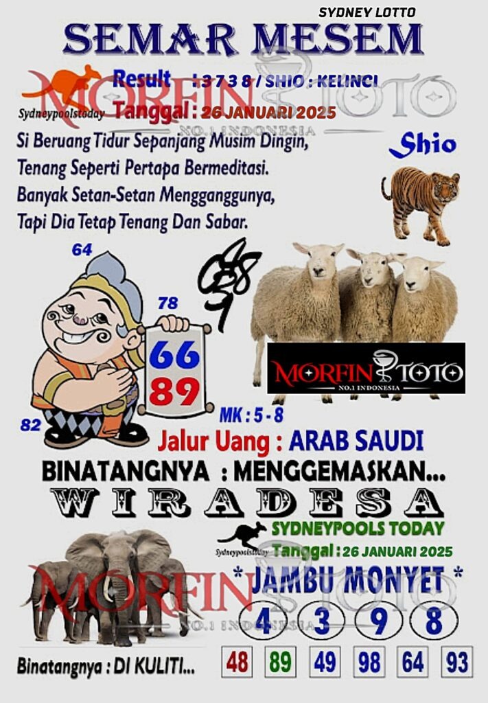 Syair Semar Mesem Sydney Lotto hari ini Minggu, 26 Januari 2025