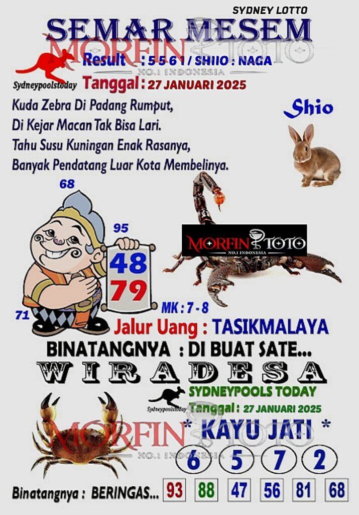 Syair Semar Mesem Sydney Lotto hari ini Senin, 27 Januari 2025