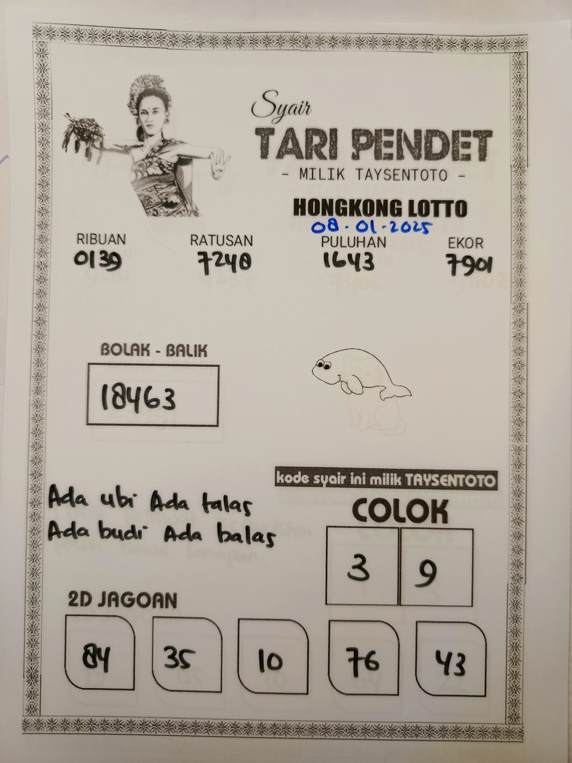 Syair Tari Pendet HK Hari Rabu, 08 Janauri 2025