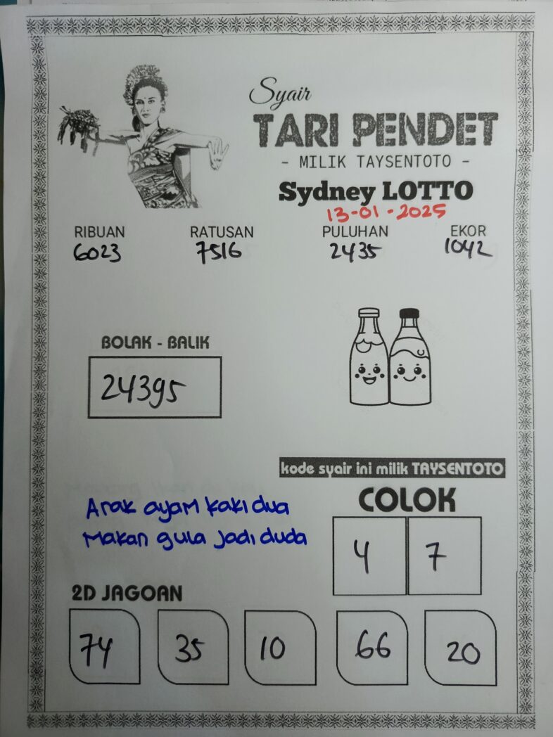 Syair Tari Pendet Sydney Hari ini Senin, 13 Januari 2025