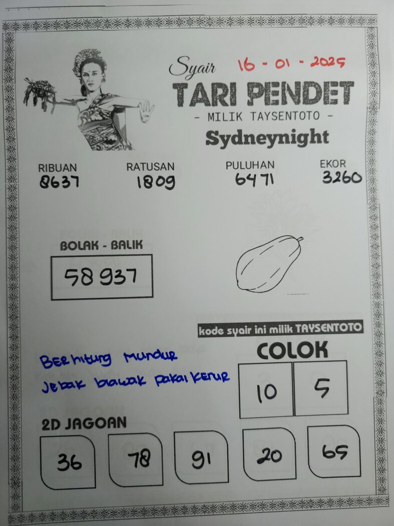 Syair Tari Pendet SydneyNight Hari ini Kamis, 15 Januari 2025