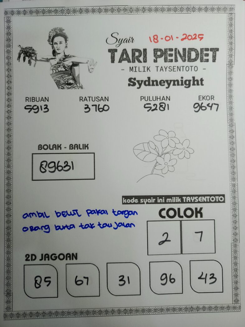 Syair Tari Pendet SydneyNight Hari ini Sabtu, 18 Januari 2025