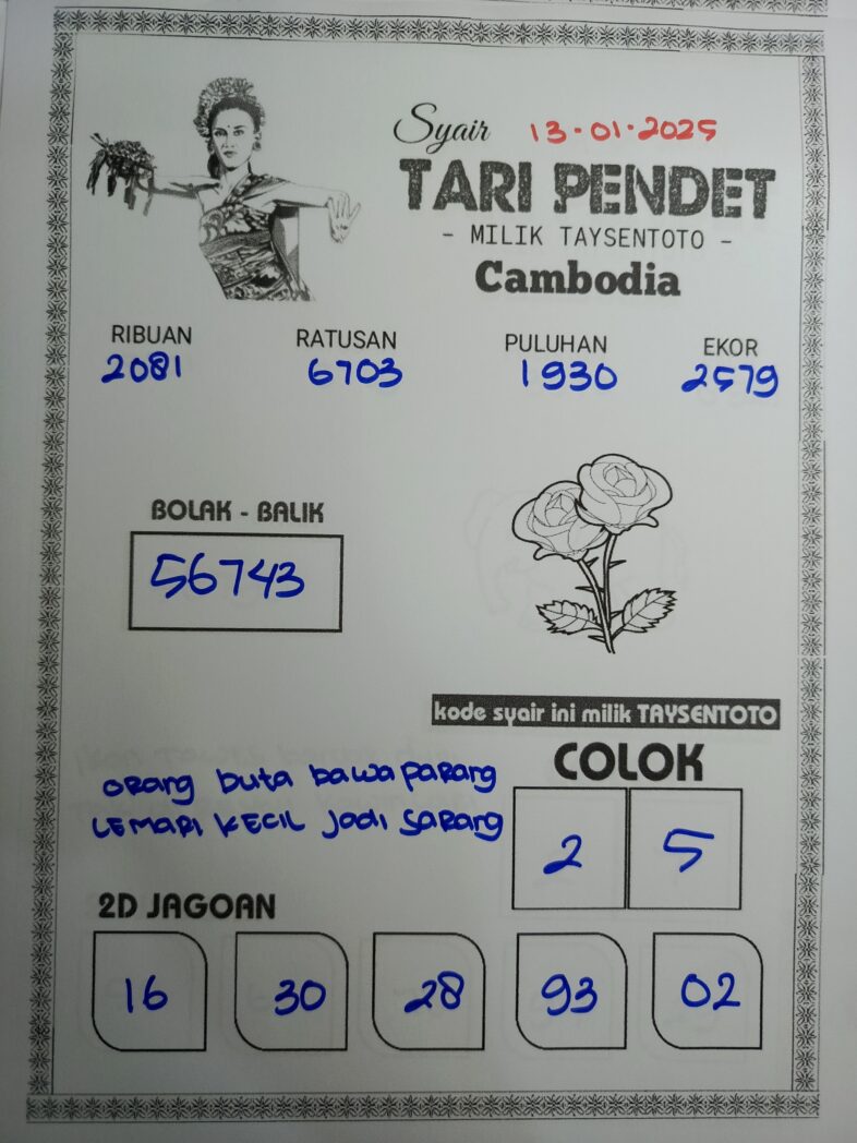 Syair Tari Pendet Cambodia Hari Ini Senin, 13 Januari 2025