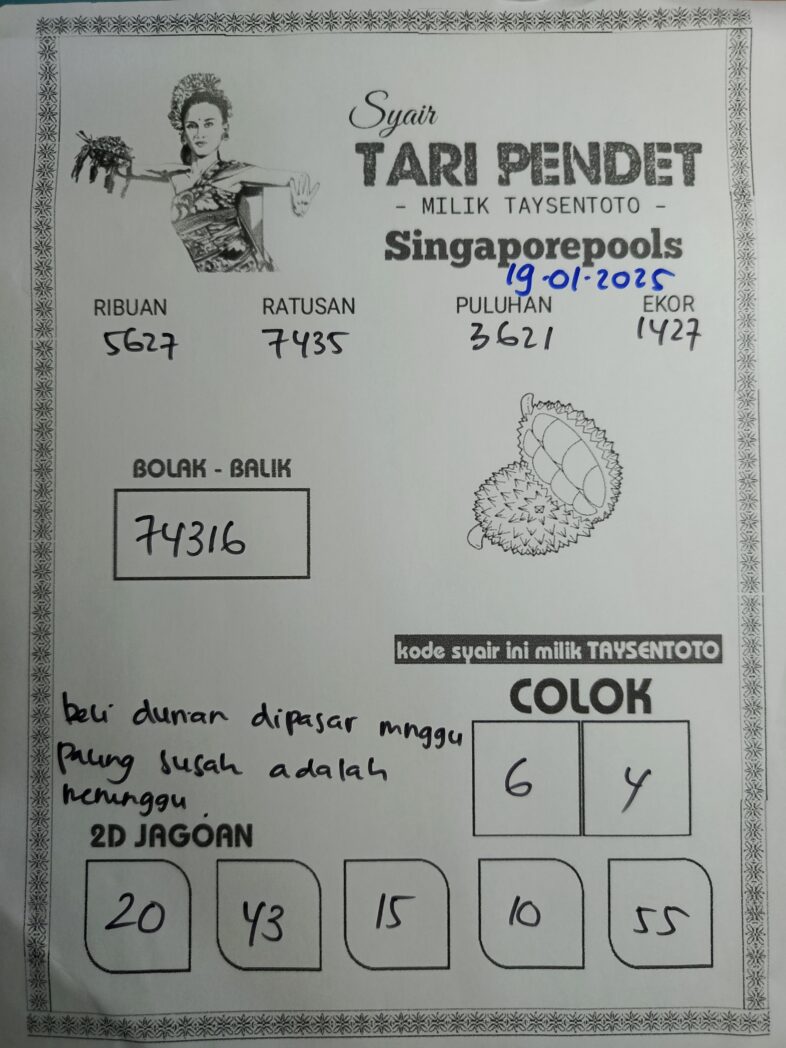 Syair Tari Pendet SGP Hari ini Minggu, 19 Januari 2025