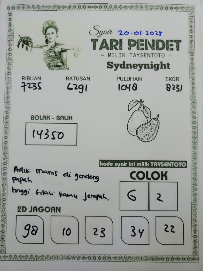 Syair Tari Pendet SydneyNight Hari ini Senin, 20 Januari 2025