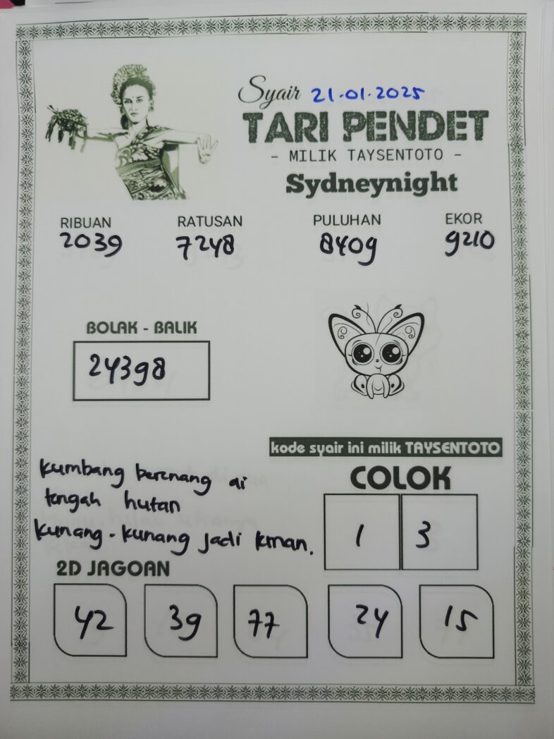 Syair Tari Pendet SydneyNight Hari ini Selasa, 21 Januari 2025