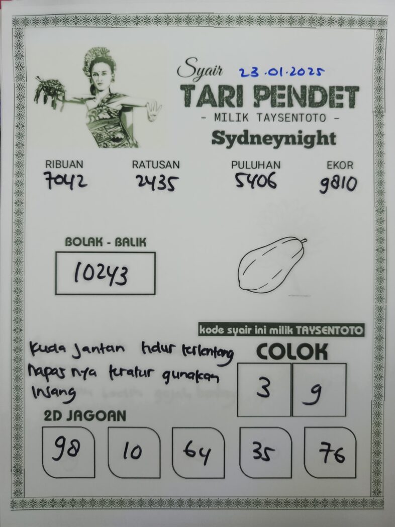 Syair Tari Pendet SydneyNight Hari ini Kamis, 23 Januari 2025