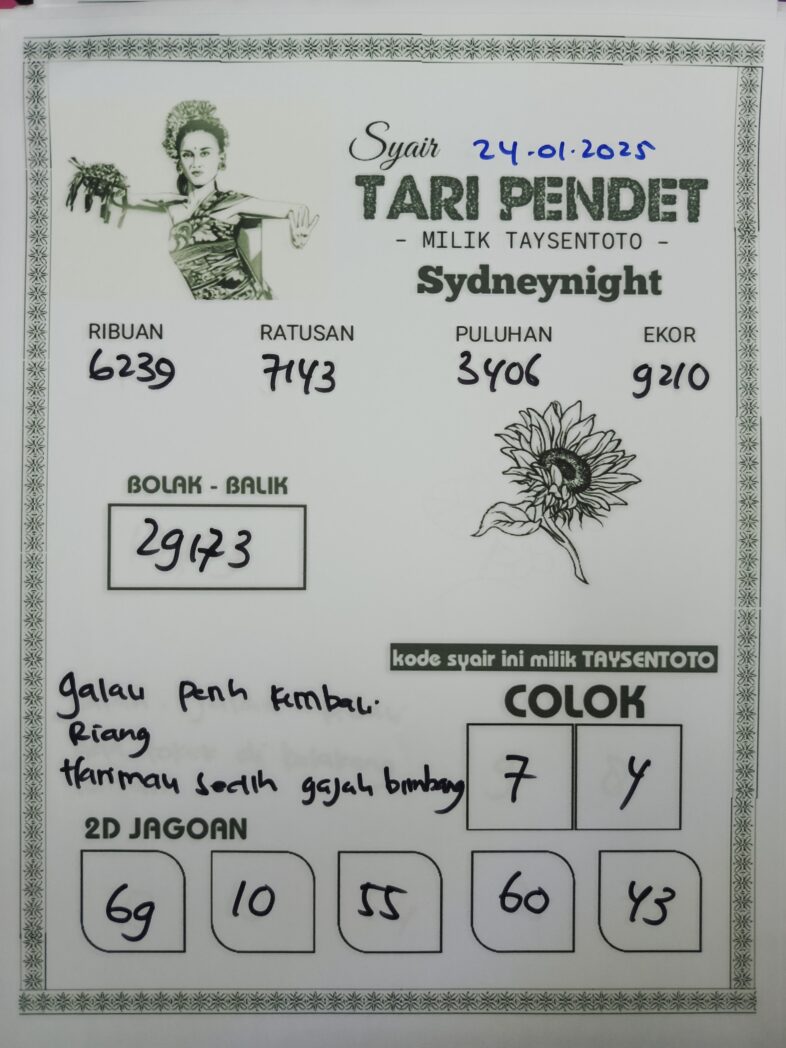 Syair Tari Pendet SydneyNight Hari ini Jumat, 24 Januari 2025