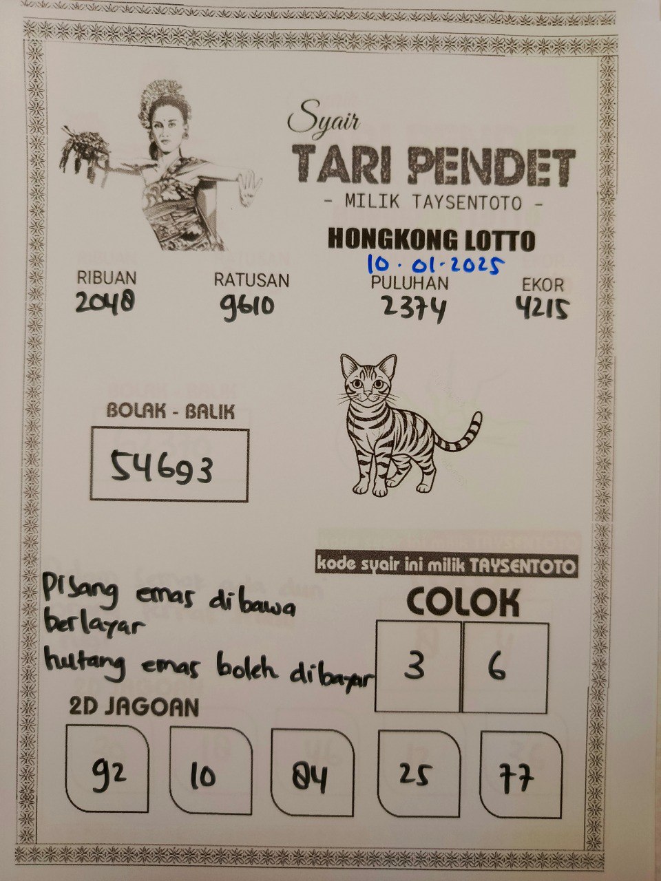 Syair Tari Pendet HK Hari Jumat, 10 Januari 2025