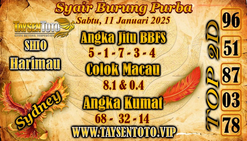 Syair Burung Purba Sydney Hari ini Sabtu,11 Januari 2025