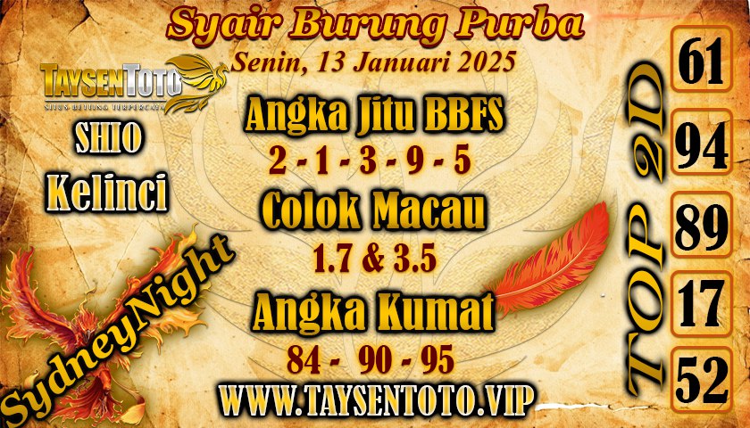 Syair Burung Purba SydneyNight Hari ini Senin, 13 Januari 2025