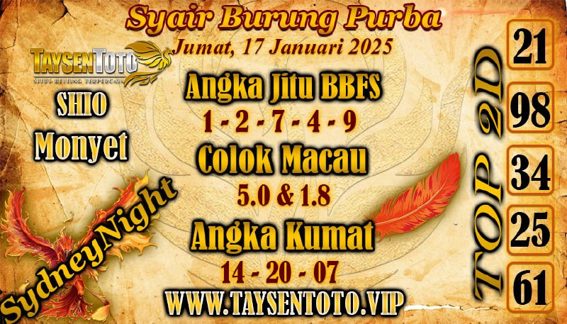 Syair Burung Purba SydneyNight Hari ini Jumat, 17 Januari 2025