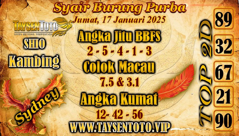 Syair Burung Purba Sydney Hari ini Jumat, 17 Januari 2025