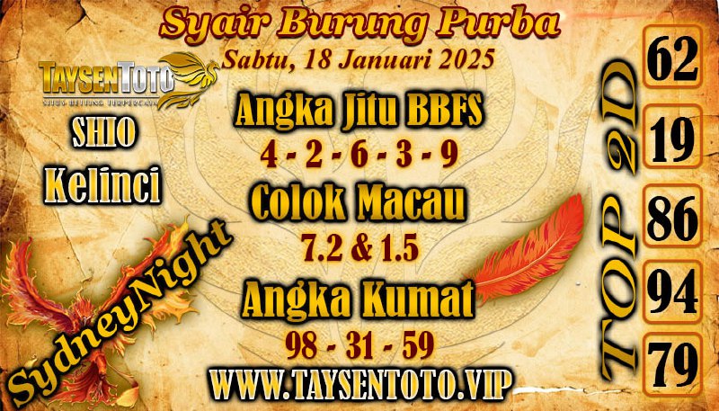 Syair Burung Purba SydneyNight Hari ini Sabtu, 18 Januari 2025