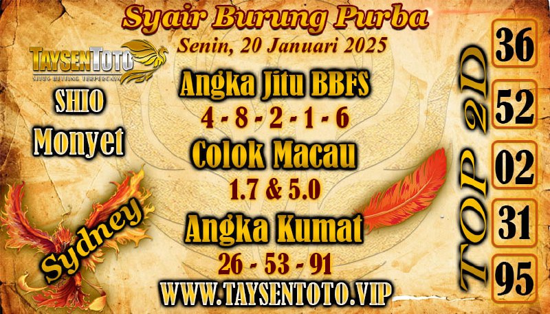 Syair Burung Purba Sydney Hari ini Senin, 20 Januari 2025