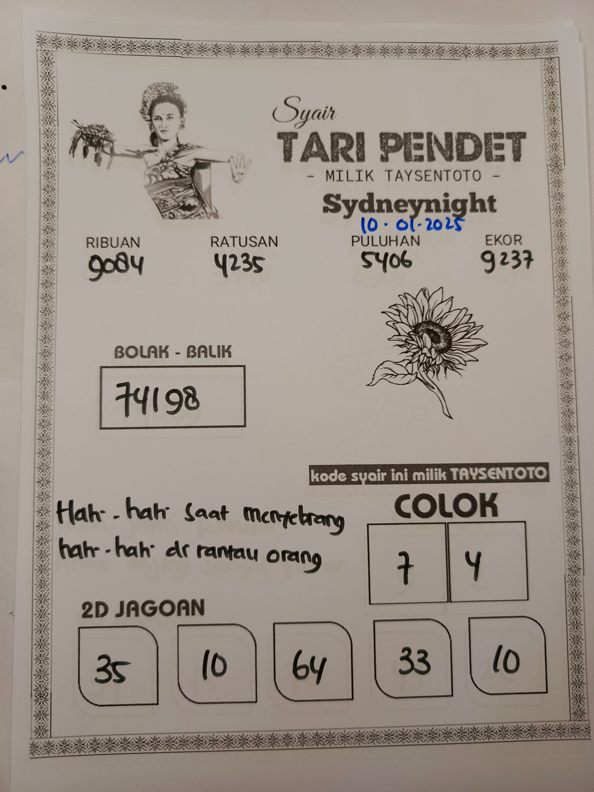 Syair Tari Pendet SydneyNight Hari ini Jumat, 10 Januari 2025