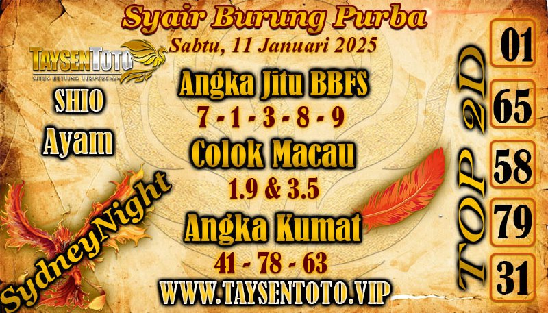 Syair Burung Purba SydneyNight Hari ini Sabtu, 11 Januari 2025