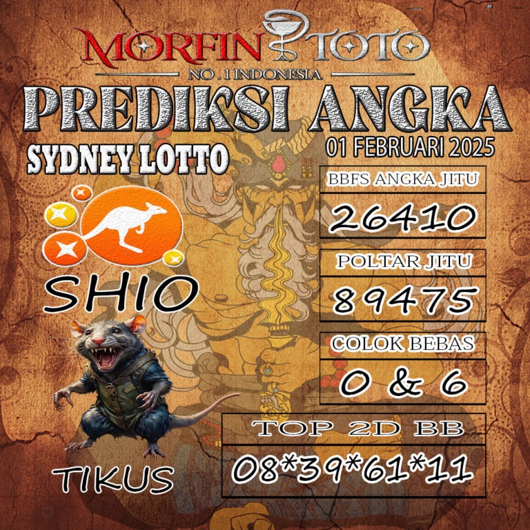 Prediksi Sydney Lotto hari ini Sabtu, 01 Februari 2025