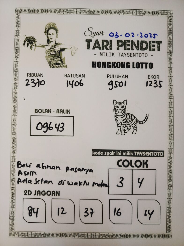 Syair Tari Pendet HK Hari Senin, 03 Februari 2025