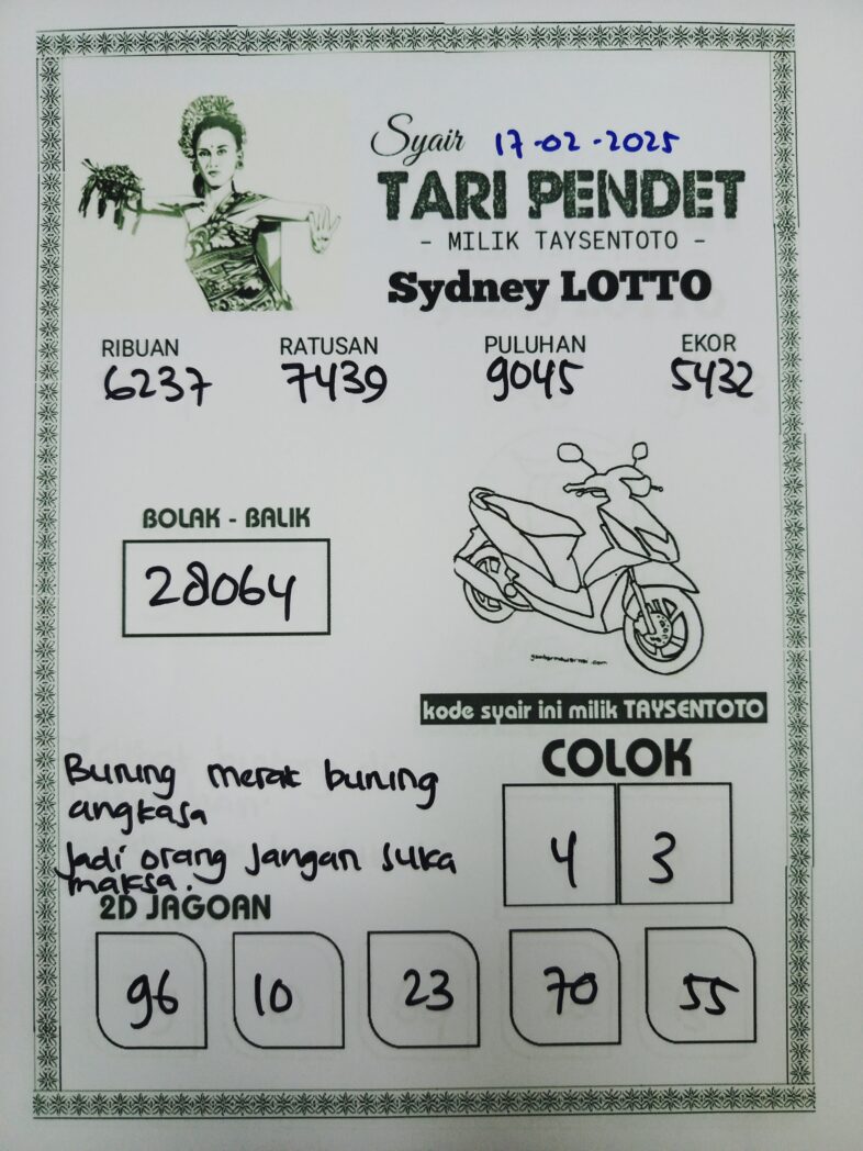 Syair Tari Pendet Sydney Hari ini Senin, 17 Februari 2025