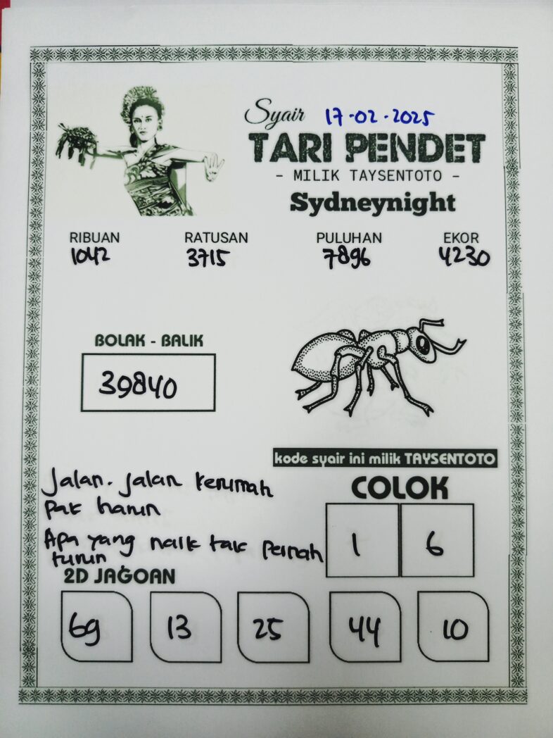 Syair Tari Pendet SydneyNight Hari ini Senin, 17 Februari 2025