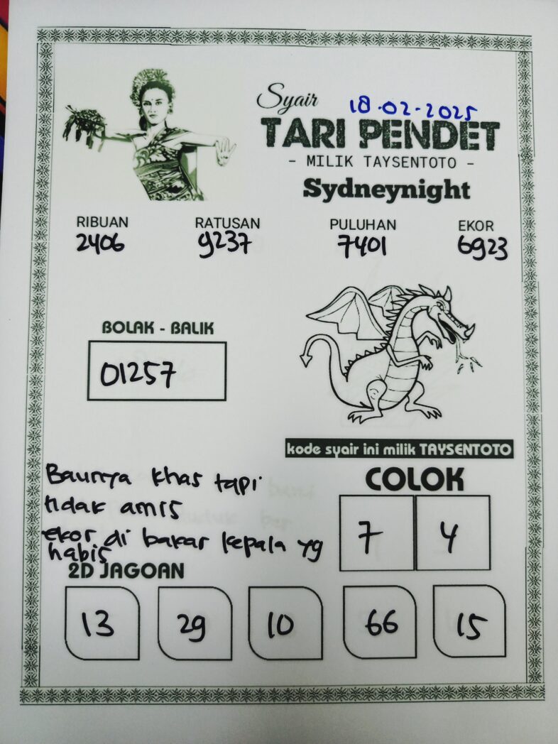 Syair Tari Pendet SydneyNight Hari ini Senin, 18  Februari 2025