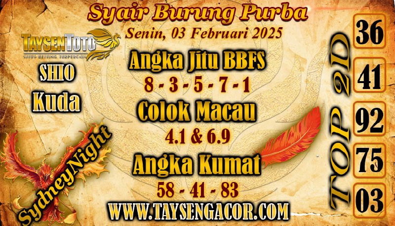 Syair Burung Purba SydneyNight Hari ini Senin, 03 Februari 2025