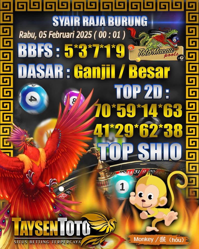 Syair Raja Burung Toto Macau Hari Rabu, 05 Februari 2025| 00 : 01 WIB