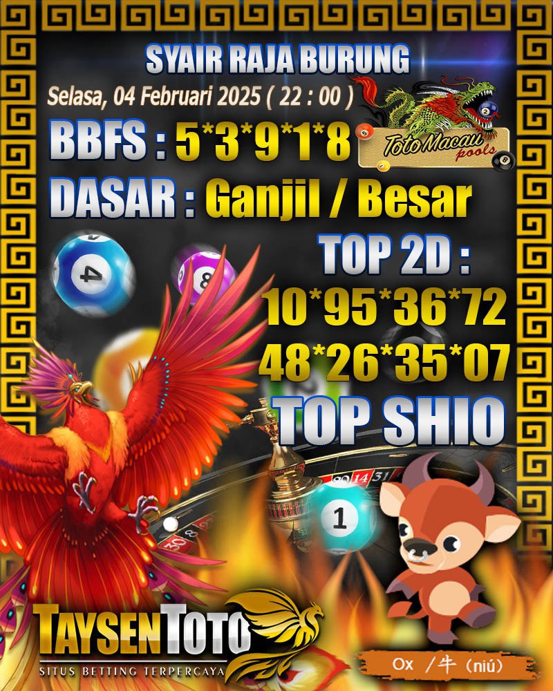 Syair Raja Burung Toto Macau Hari Selasa, 04 Februari 2025 | 22 : 00 WIB