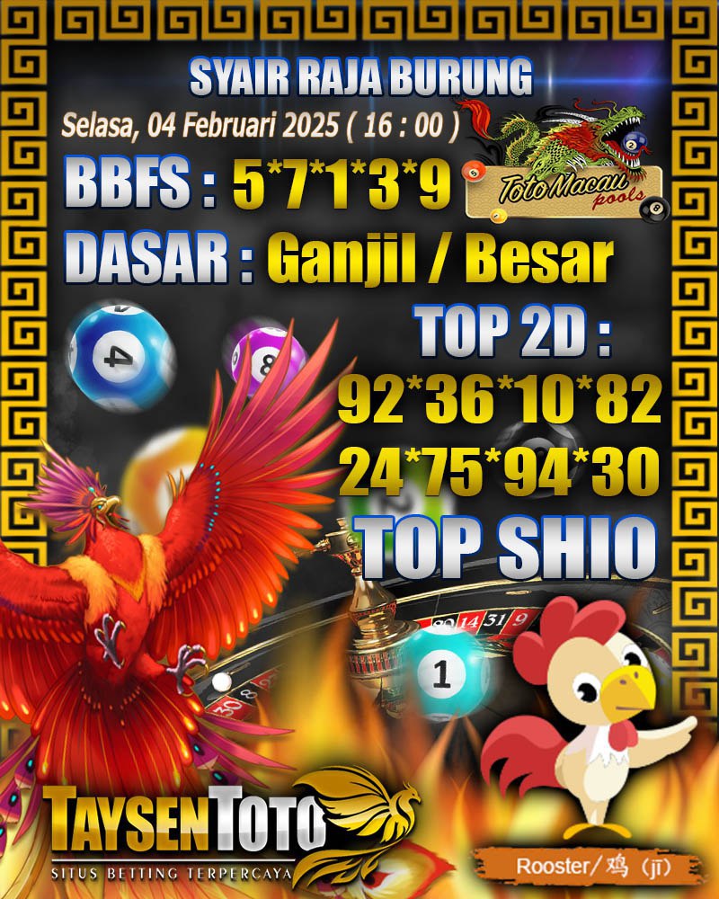 Syair Raja Burung Toto Macau Hari Selasa, 04 Februari 2025| 16 : 00 WIB
