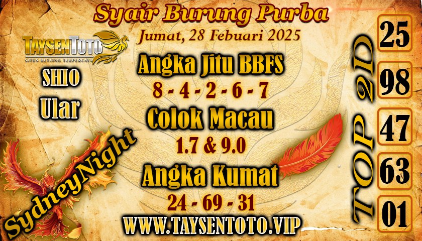 Syair Burung Purba SydneyNight Hari ini Jumat, 28 Februari 2025