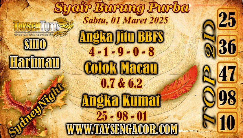 Syair Burung Purba SydneyNight Hari ini Sabtu, 01 Maret 2025