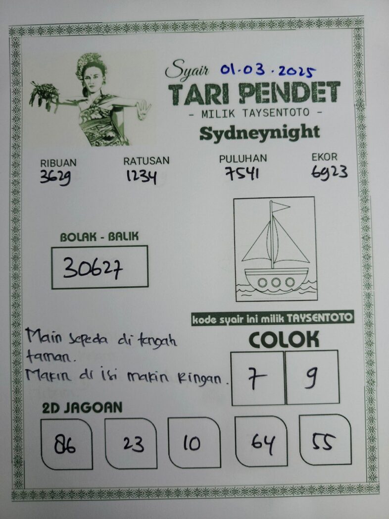 Syair Tari Pendet SydneyNight Hari ini Sabtu, 01 Maret 2025