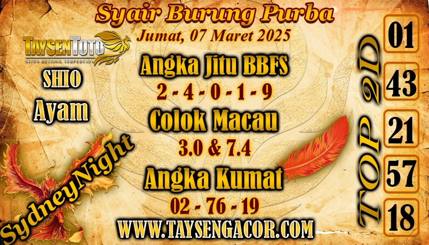 Syair Burung Purba SydneyNight Hari ini Jumat, 07 Maret 2025