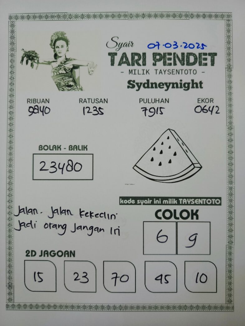 Syair Tari Pendet SydneyNight Hari ini Jumat, 07 Maret 2025