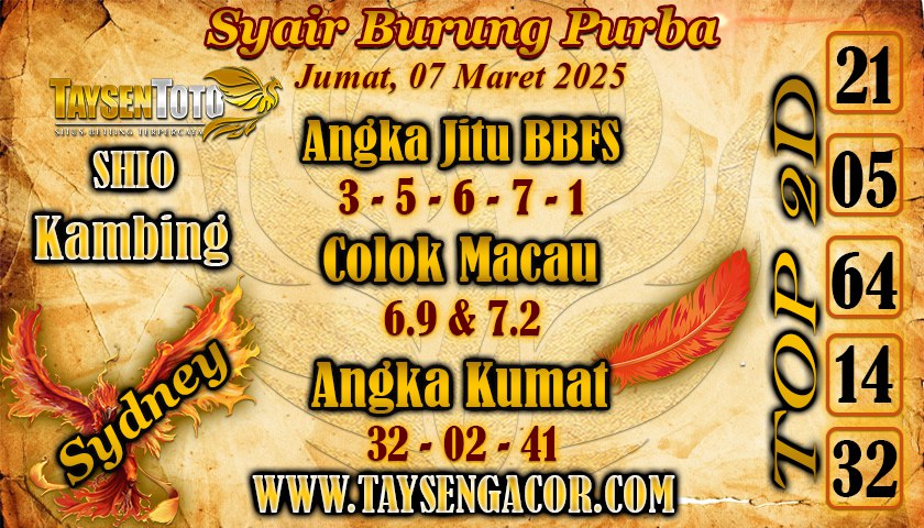 Syair Burung Purba Sydney Hari ini Jumat, 07 Maret 2025