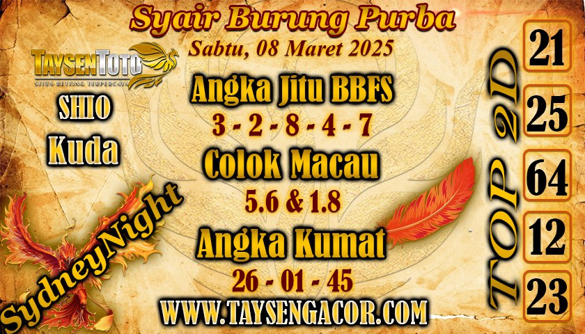 Syair Burung Purba SydneyNight Hari ini Sabtu, 08 Maret 2025