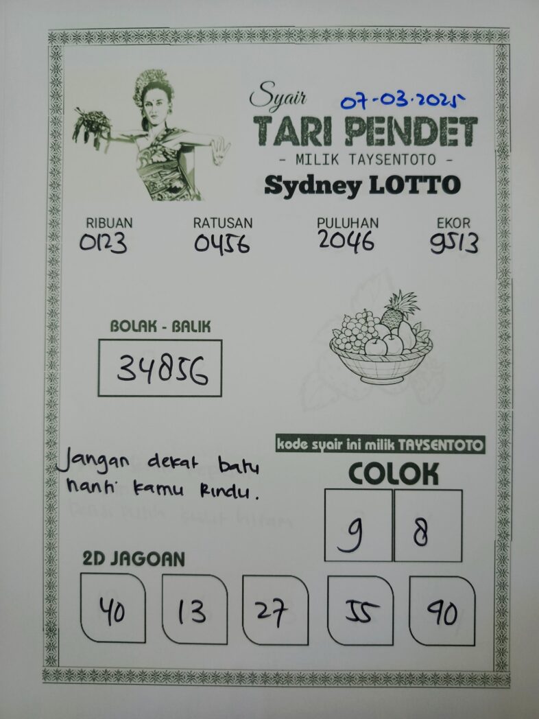 Syair Tari Pendet Sydney Hari ini Jumat, 07 Maret 2025