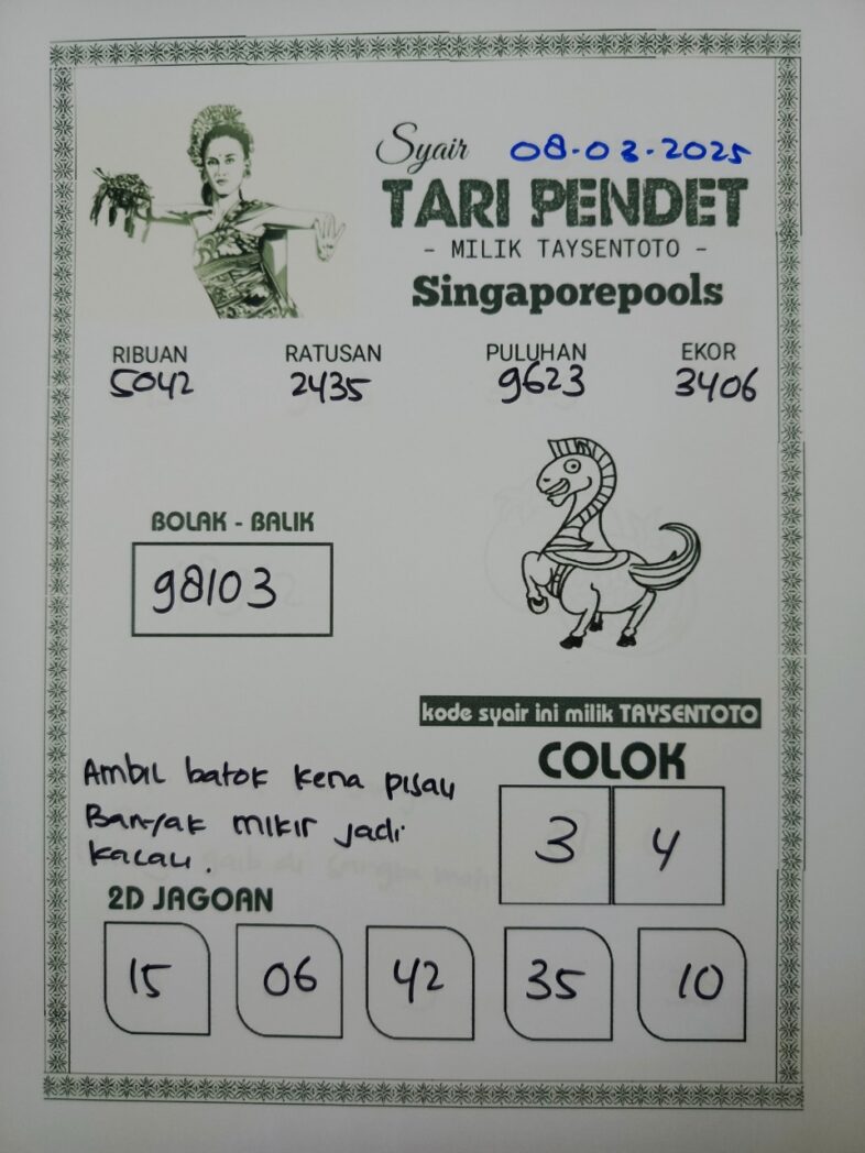 Syair Tari Pendet SGP Hari ini Sabtu, 08 Maret 2025