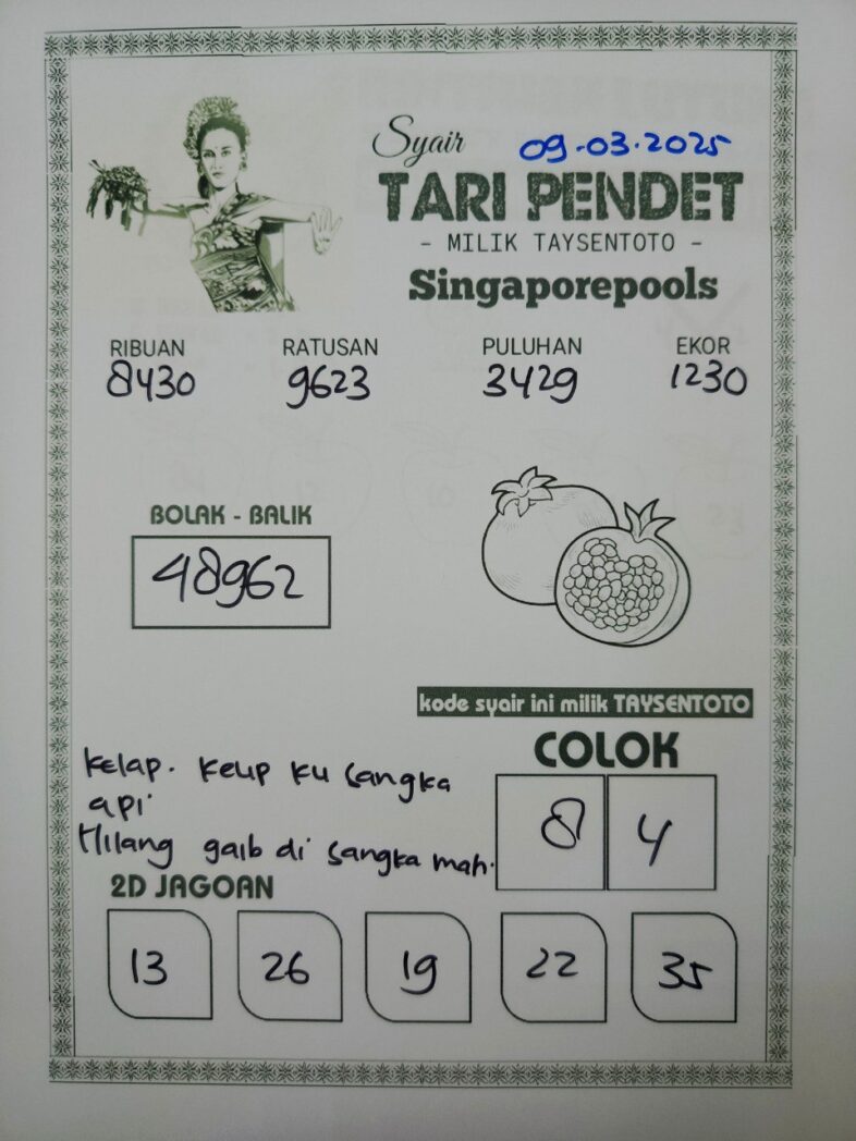 Syair Tari Pendet SGP Hari ini Minggu, 09 Maret 2025