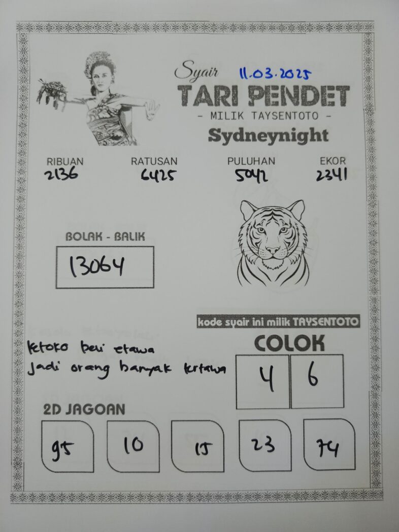 Syair Tari Pendet SydneyNight Hari ini Selasa, 11 Maret 2025