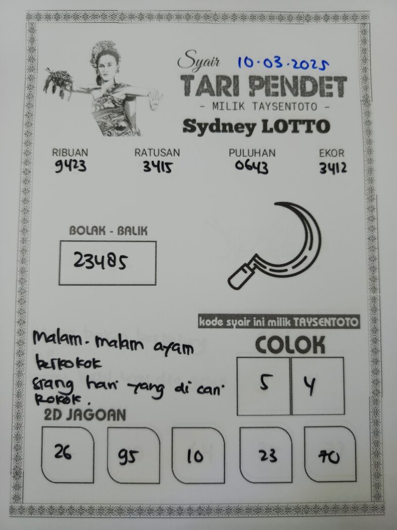 Syair Tari Pendet Sydney Hari ini Senin, 10 Maret 2025