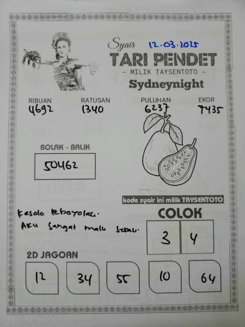 Syair Tari Pendet SydneyNight Hari ini Rabu, 12 Maret 2025