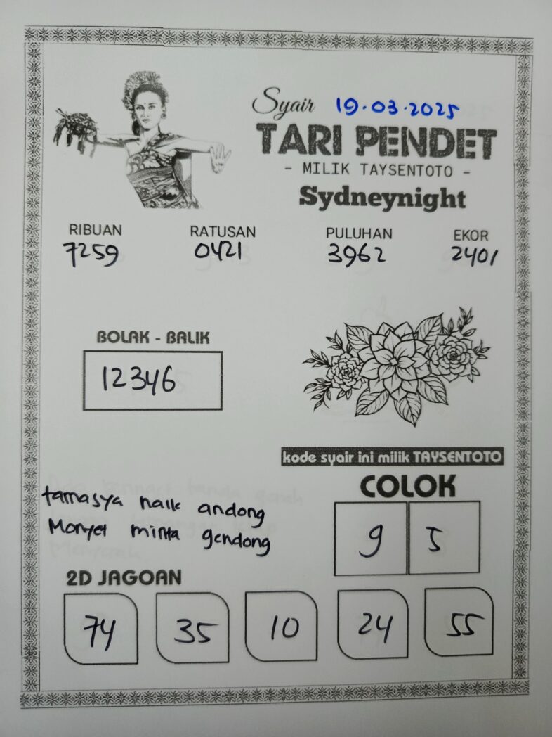 Syair Tari Pendet SydneyNight Hari ini Rabu, 19 Maret 2025