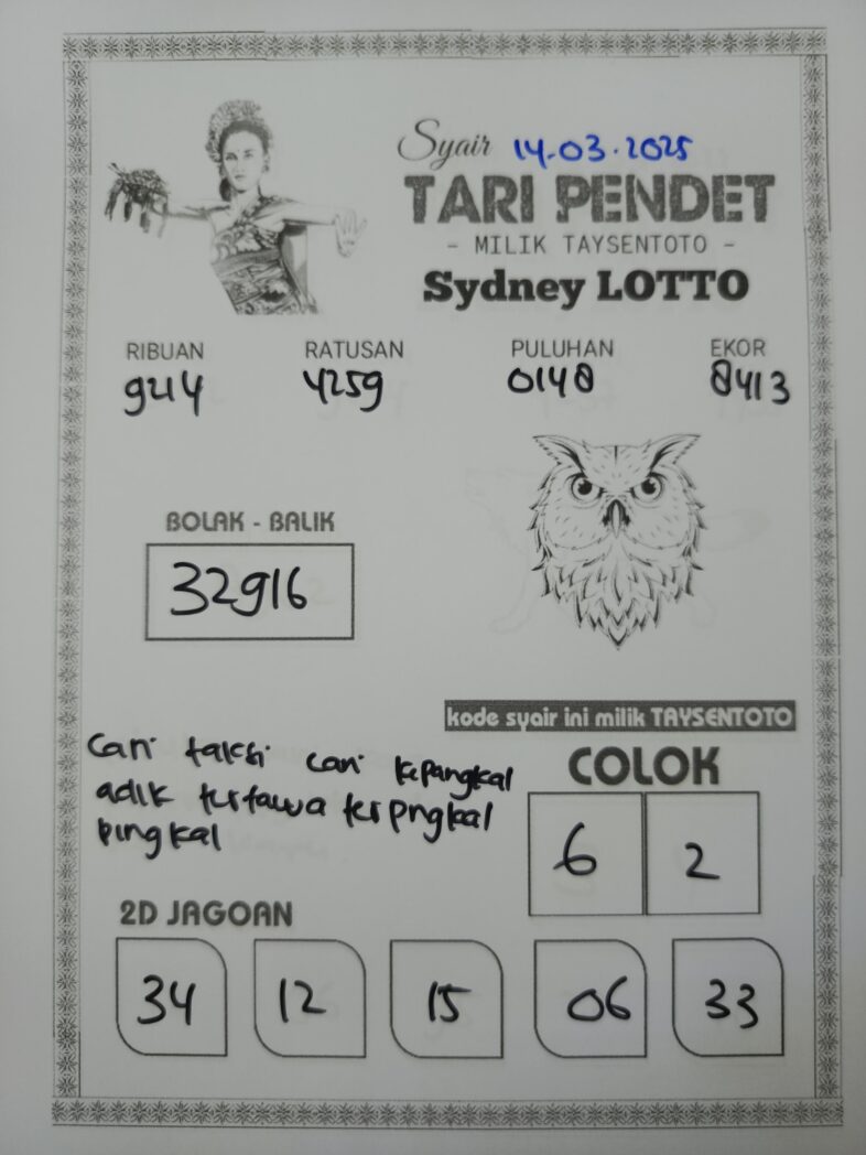 Syair Tari Pendet Sydney Hari ini Jumat, 14 Maret 2025