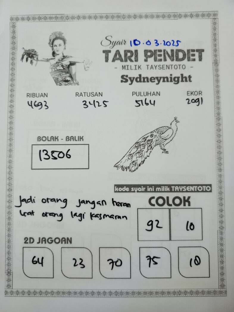 Syair Tari Pendet SydneyNight Hari ini Senin, 10 Maret 2025