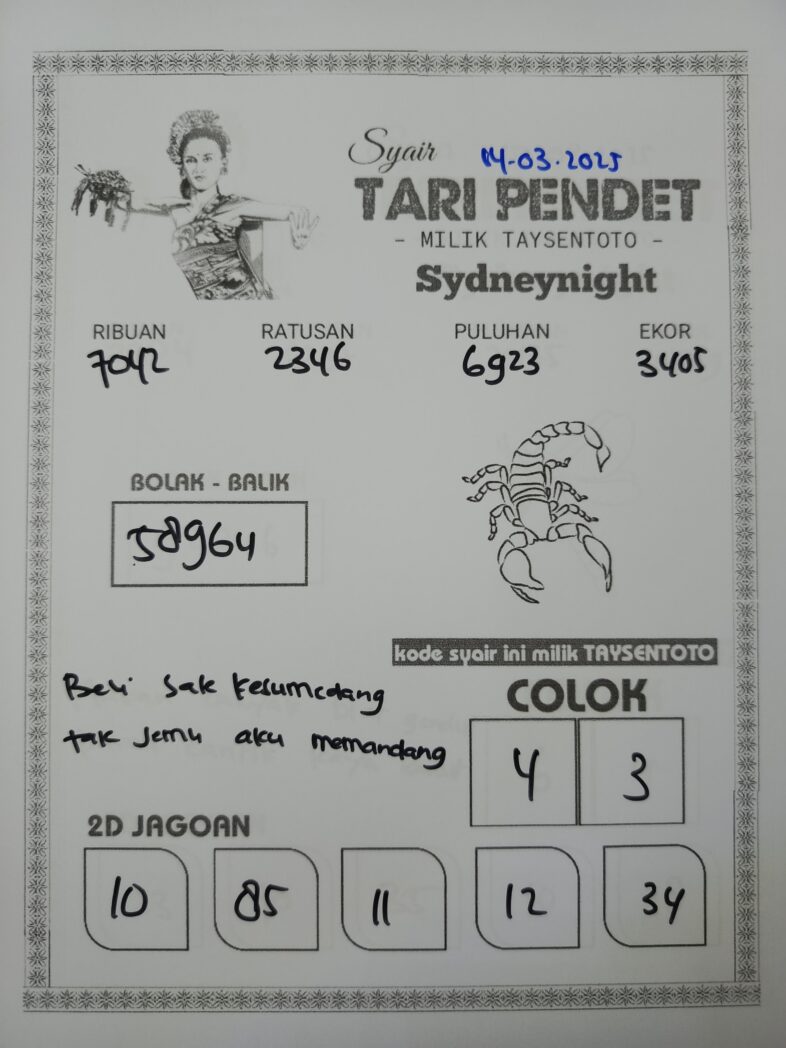 Syair Tari Pendet SydneyNight Hari ini Jumat, 14 Maret 2025