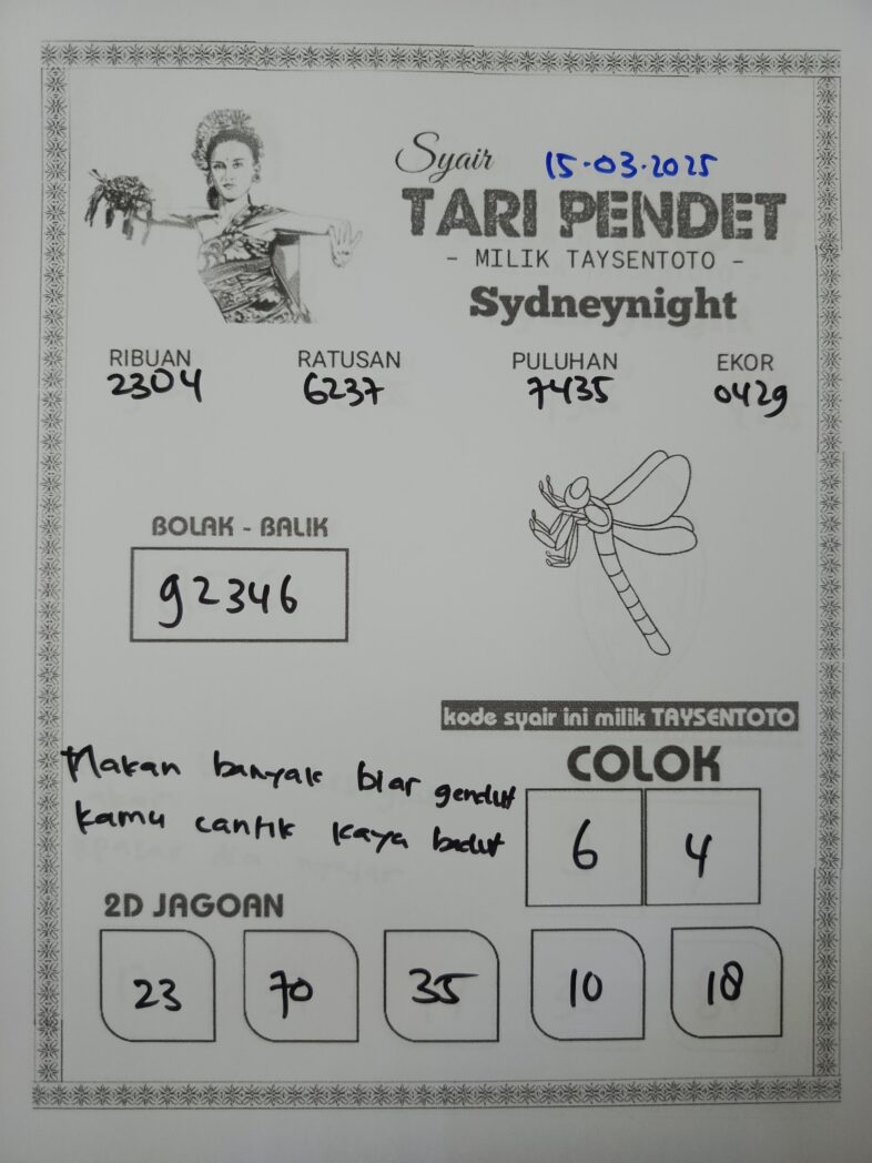 Syair Tari Pendet SydneyNight Hari ini Sabtu, 15 Maret 2025