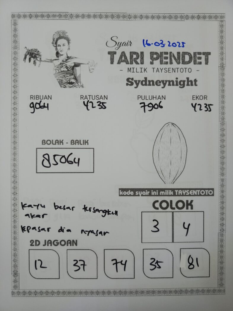 Syair Tari Pendet SydneyNight Hari ini Minggu, 16 Maret 2025